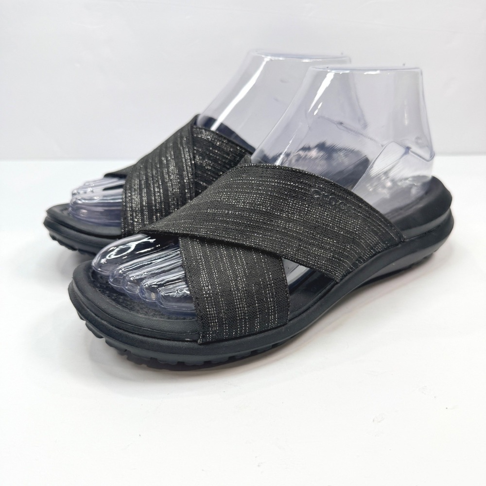 Crocs Women Size 6 Capri Shimmer Xband Sandal Black Metallic Cross Strap Slide